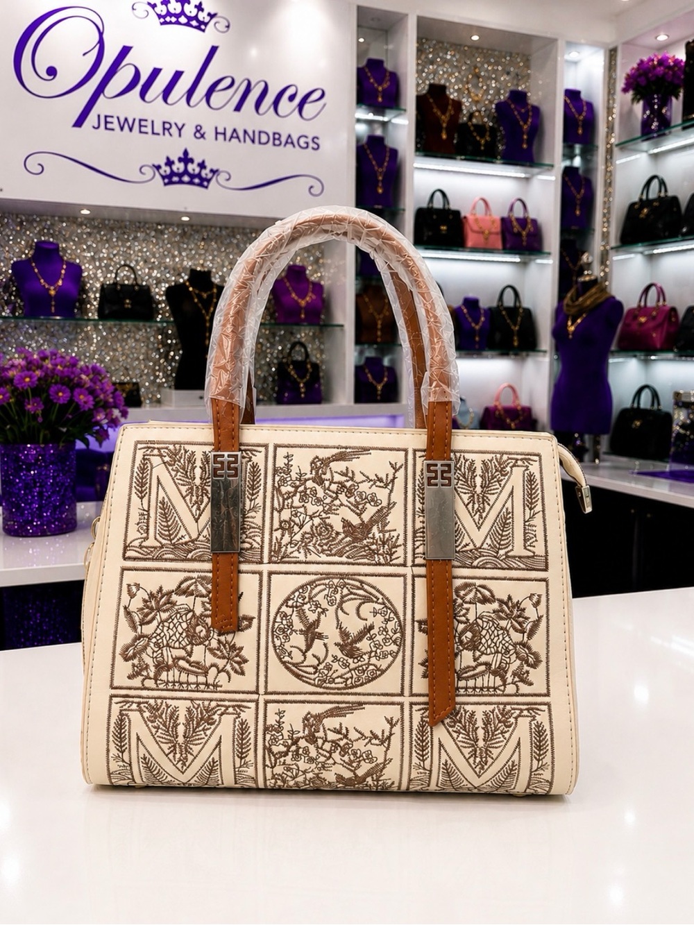 Embroidered Cream Satchel with Brown Handles
